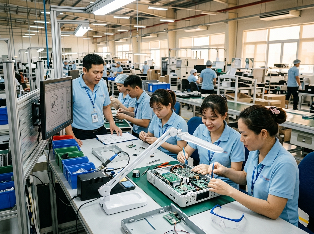 Nhân viên và kỹ thuật viên Hanel PT lắp ráp hoàn thiện thiết bị điện tử tại xưởng sản xuất